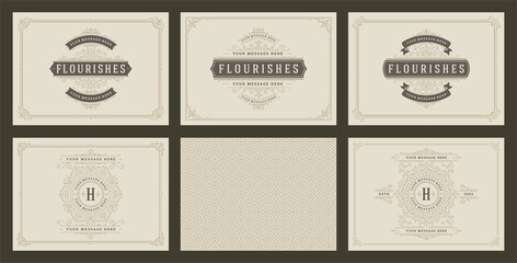 Fototapeta premium Vintage ornament greeting cards set templates flourish ornate frames and pattern background vector illustration