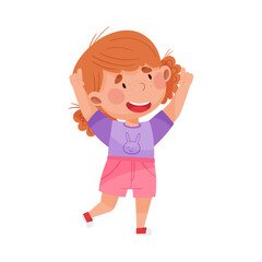 Smiling Girl Character with Red Hair Pointing at Something with Her First Finger Vector Illustration
