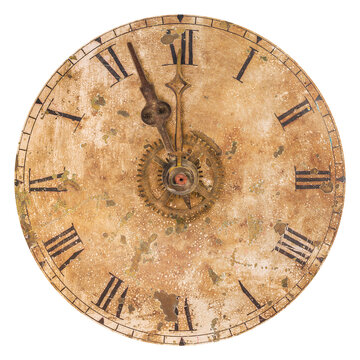 Vintage and heavily weathered clock face with time set to a few minutes to twelve o clock isolated on white