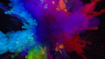 Explosion of colorful multicolored smoke and powder in slow motion against black background 3d illustration