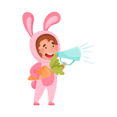 Cute Girl Character Dressed in Fancy Bunny Costume Talking Megaphone or Loudspeaker Vector Illustration