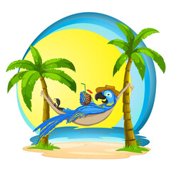 Macaw in a hammock with a cocktail on a tropical background. Illustration of a parrot with the sea and palms. © KyivnataliS