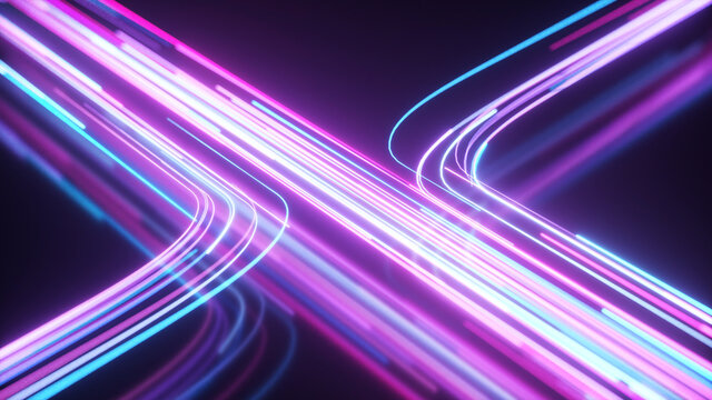 Blue and purple neon stream. High tech abstract curve background. Striped creative texture. Information transfer in a cyberspace. Rays of light in motion. 3d illustration