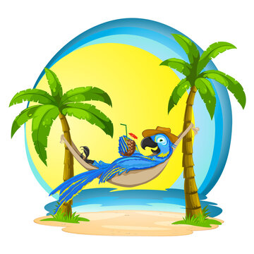 Cartoon Blue Parrot Relaxing in Hammock on Tropical Beach with Palm Trees and Cocktail