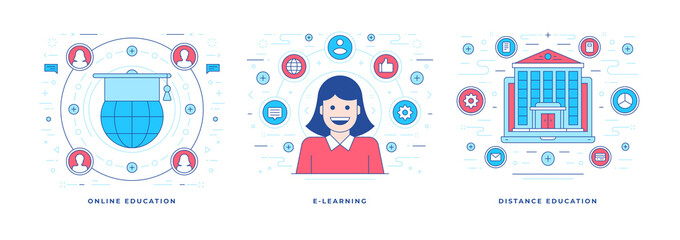 Vector illustrations of flat line banners with icons for various online education services marketing campaign