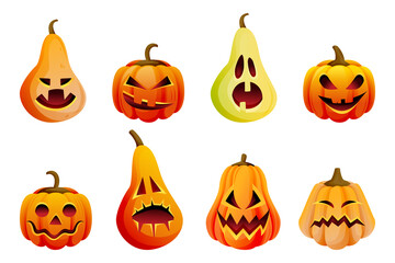Halloween scary emotion pumpkins icons set. Vector flat cartoon illustration. Horror Jack o lanterns faces expression