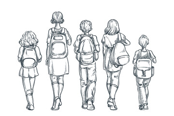 Back to school. Kids schoolchildren with backpacks going to lessons. Vector hand drawn sketch back view illustration © Qualit Design