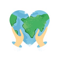 Hands hold the planet Earth in the shape of a heart isolated on a white. Banner of caring for the environment, love for the planet, respect for nature. Sing of the world Earth day. Vector illustration