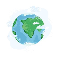 Color decorative planet earth with clouds on a white background hand drawn in a modern flat style. Seas, oceans and continents on the globe for children. Planet sign for sticker. Vector illustration.