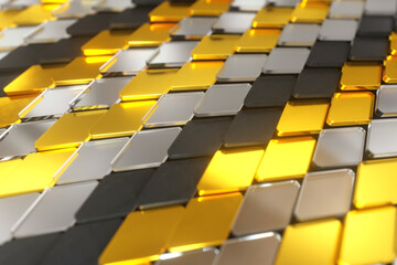 Fototapeta premium Abstract wave surface of geometric shapes. The material is plastic glass and gold. 3d illustration