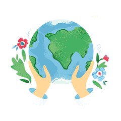 Decorative banner with hands holds the planet earth and with flowers around on a white background. A poster about respect for the environment. Eco lifestyle. Celebrating earth day. Vector illustration
