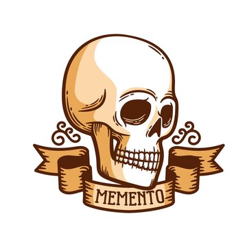Skull logo templatewith ribbon, great design for any purposes. Skeleton day of dead tattoo. Vector illustration