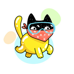 Concept of quarantine. Cartoon cat in a glamorous protective suit. Self isolation, quarantine due to coronavirus.