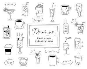 飲み物の手書きイラストのセット ジュース ワイン コーヒー カクテル おしゃれ Wall Mural Yugoro
