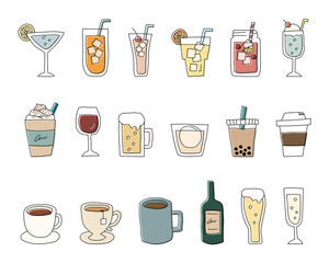 飲み物の手書きイラストのセット／ジュース／ワイン／コーヒー／カクテル／おしゃれ