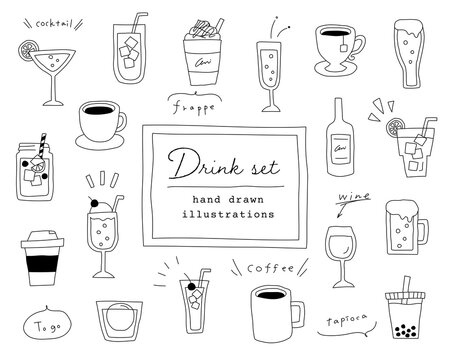 飲み物の手書きイラストのセット ジュース ワイン コーヒー カクテル おしゃれ Stock ベクター Adobe Stock