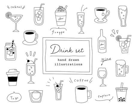 飲み物の手書きイラストのセット ジュース ワイン コーヒー カクテル おしゃれ Stock ベクター Adobe Stock