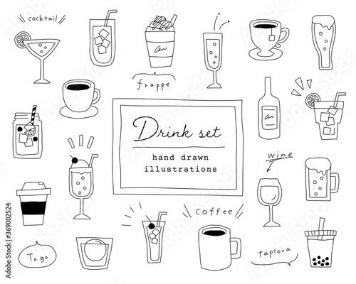 飲み物の手書きイラストのセット ジュース ワイン コーヒー カクテル おしゃれ Wall Mural Yugoro