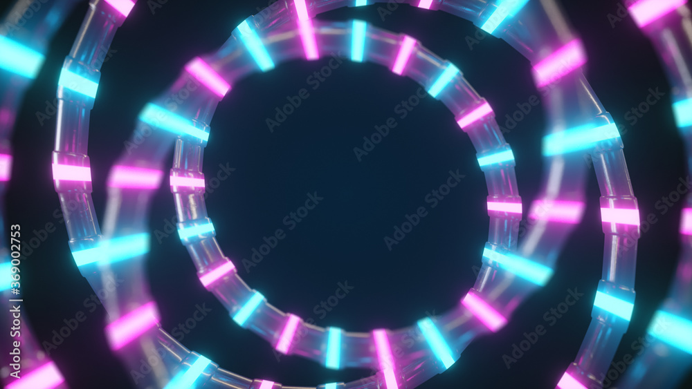 Wall mural an abstract metallic structure with a neon glow spins in an endless loop. modern ultraviolet blue pi