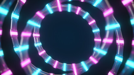 An abstract metallic structure with a neon glow spins in an endless loop. Modern ultraviolet blue pink light spectrum. 3d illustration