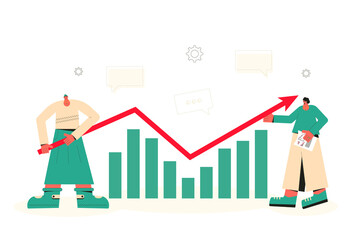 Fototapeta premium Investment analytics. Financial report concept. Business presentation preparation. Tiny people with huge graph and arrow. Vector flat illustration.