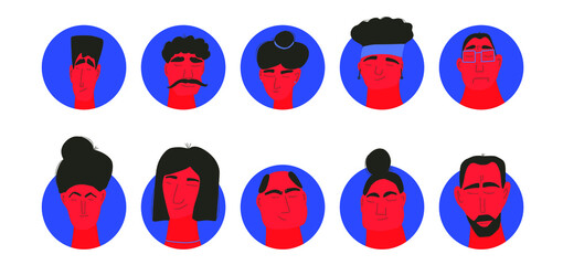 Set of avatar icons. Faces of different persons collection. Vector flat illustration.