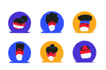 Coronavirus. Men and women in white medical face mask icons isolated. Different characters in prevention masks. Pandemic of coronavirus. Vector flat illustration.