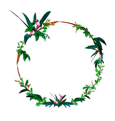 Vector round frame consisting of blossoming flowers, branches, green leaves, buds, wreath, floral and herbs garland. Botanic design ornament concept in low poly style isolated on white