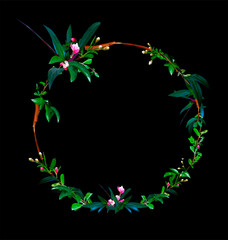 Vector round frame consisting of blossoming flowers, branches, green leaves, buds, wreath, floral and herbs garland. Botanic design ornament concept in low poly style isolated