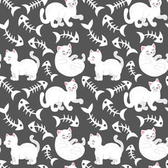 Cute seamless pattern with funny, white cat and fish bones, Great for baby and kids design. Vector illustration