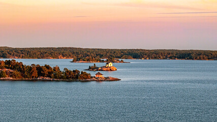 Views of the Baltic scher from the upper deck of the ferry, at sunset, warm August evening with slightly dlurred background