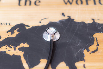 Medical stethoscope over russia healthcheck. Medical concept tourism travel care diseases healthy