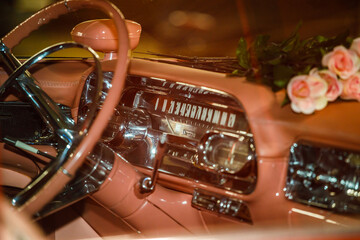 interior pink retro car close up