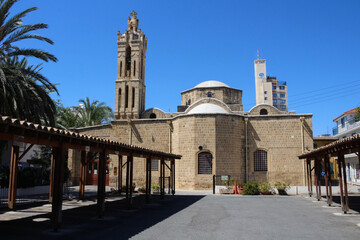 Fototapeta na wymiar A place with sunshades near the Church of St. Sava. Nicosia. Cyprus.