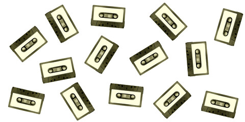 Collage of Retro music cassettes isolated on white background, top view. copy space.