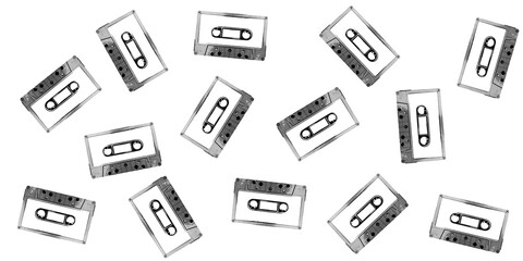 Collage of Retro music cassettes isolated on white background, top view. copy space.
