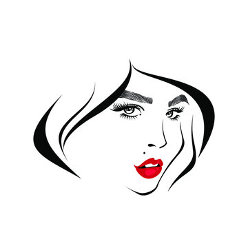 Beauty logo, beautiful woman face, sexy red lips, eyelash extensions, fashion woman, curly hairstyle, hair salon sign, icon. Wallpaper background. Vector illustration.