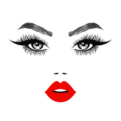 Woman beautiful face, sexy luxurious eyes with perfectly shaped eyebrows and full lashes. Red lips, sexy kiss, flat style, vector illustration. Beauty logo. Element design, isolated on white.