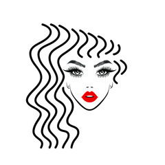Beauty logo. Beautiful face, red lips, fashion woman with abstract wavy, kinky hairstyle, eyelash extensions, hair salon sign, spa icon. Vector illustration.