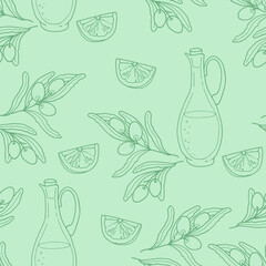 Seamless pattern with branch olives, lemon slices and a glass bottle of premium virgin olive oil. Can be used like pattern for kitchen textile, wrapping paper and cards. Vector illustration.