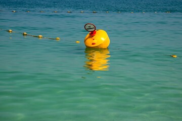 Yellow buoy with no swimming sign on it