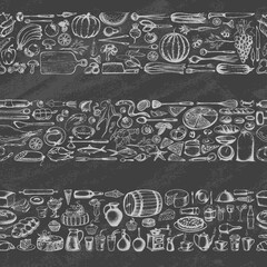 Retro vintage style food design on the blackboard. Hand drawn elements for cooking, vegetables, restaurant and vegetarian food. Seamless background. Vector illustration.