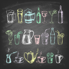  Set of different hand drawn beverages on the blackboard. Vector illustration. 