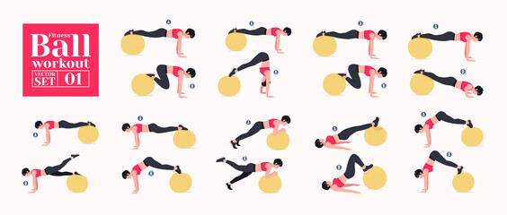 Swiss ball/ Fitness Ball workout set. Young woman doing Stability ball exercises. Vector illustration.