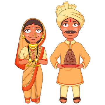 Maharashtrian Couple in Traditional Dress Holding A Small Statue Of Lord Ganesha.