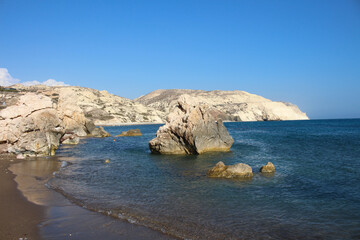 Aphrodite beach, where according to legend she came out of the sea foam. A big rock in the sea. Cyprus.
