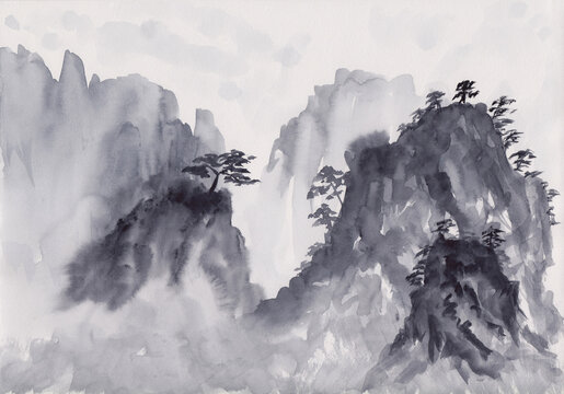 Watercolor painting with asian mountains & fir trees. Hand drawn oriental landscape illustration with layers of rocks in Chinese Ink style. Concept for relaxation, restore, meditation background.