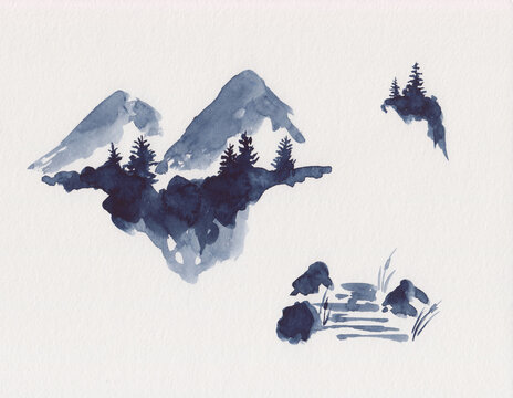Watercolor sketch painting with design elements in Chinese Ink style. Mountains with fir trees, small pond & cattail grass, rock & pines. Abstract nature artwork. Monochrome minimal peaceful concept.