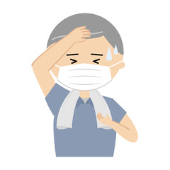 マスクをつけた熱中症のシニア男性のイラスト　(上半身)