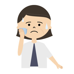 ハンカチで汗を拭いているシニア女性のイラスト　(上半身)